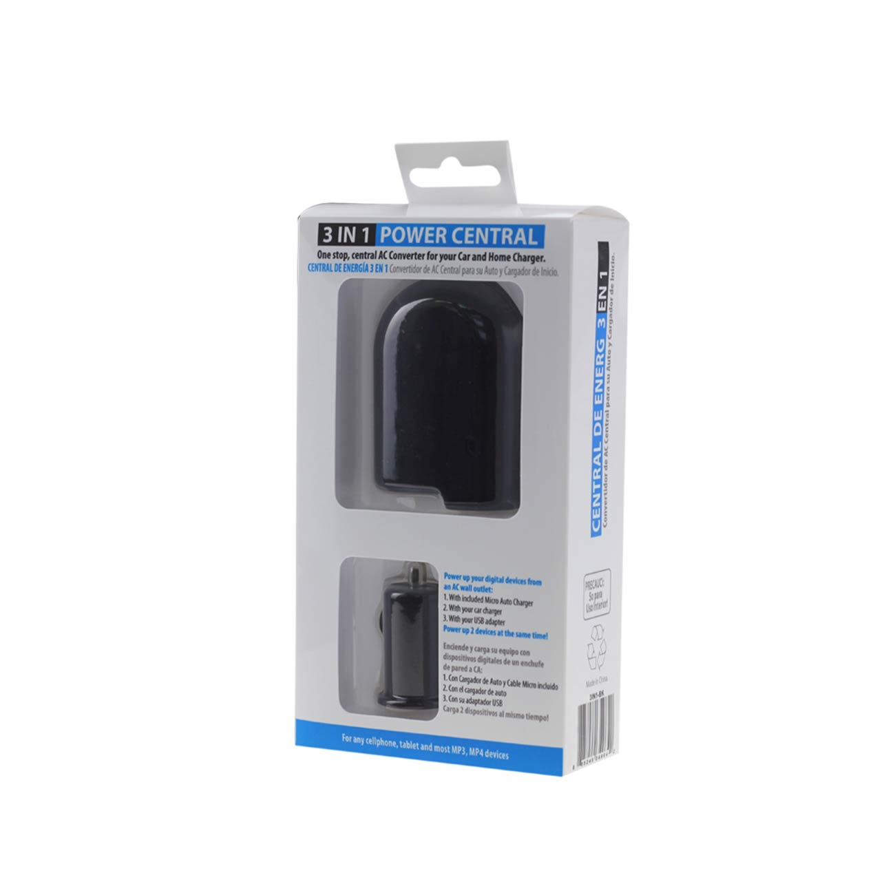 REIKO 1 AMP 3-IN-1 AC TO DC WALL ADAPTER TO CAR CHARGER IN BLACK