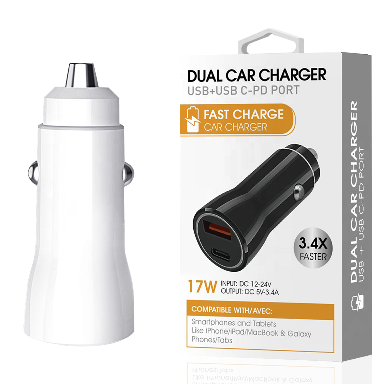 USB & USB-C PD port Dual Car charger In White SKU:CC12-3A5VWH