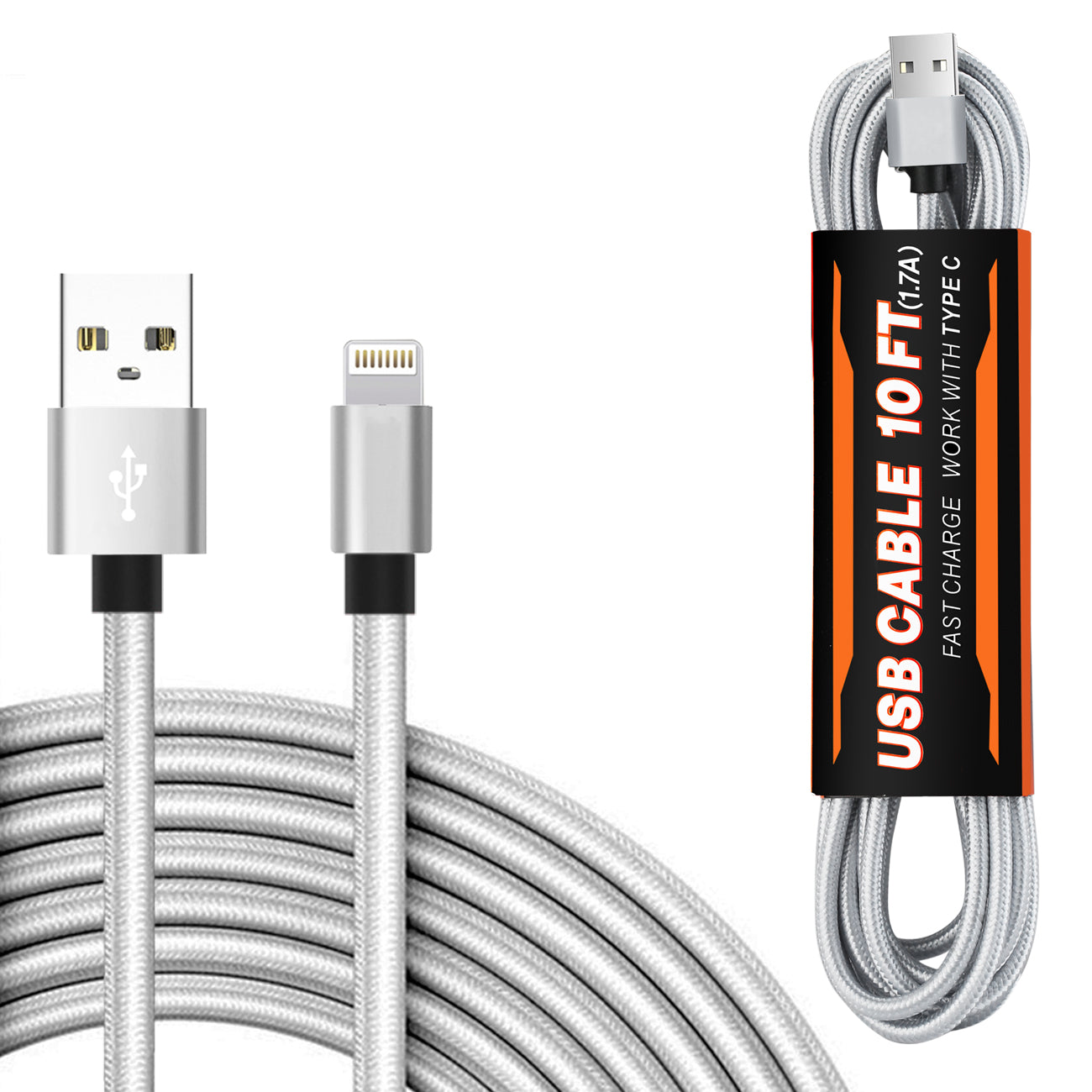 10FT USB Cable For IOS In Silver- SKU:DC35-8P10FTSL