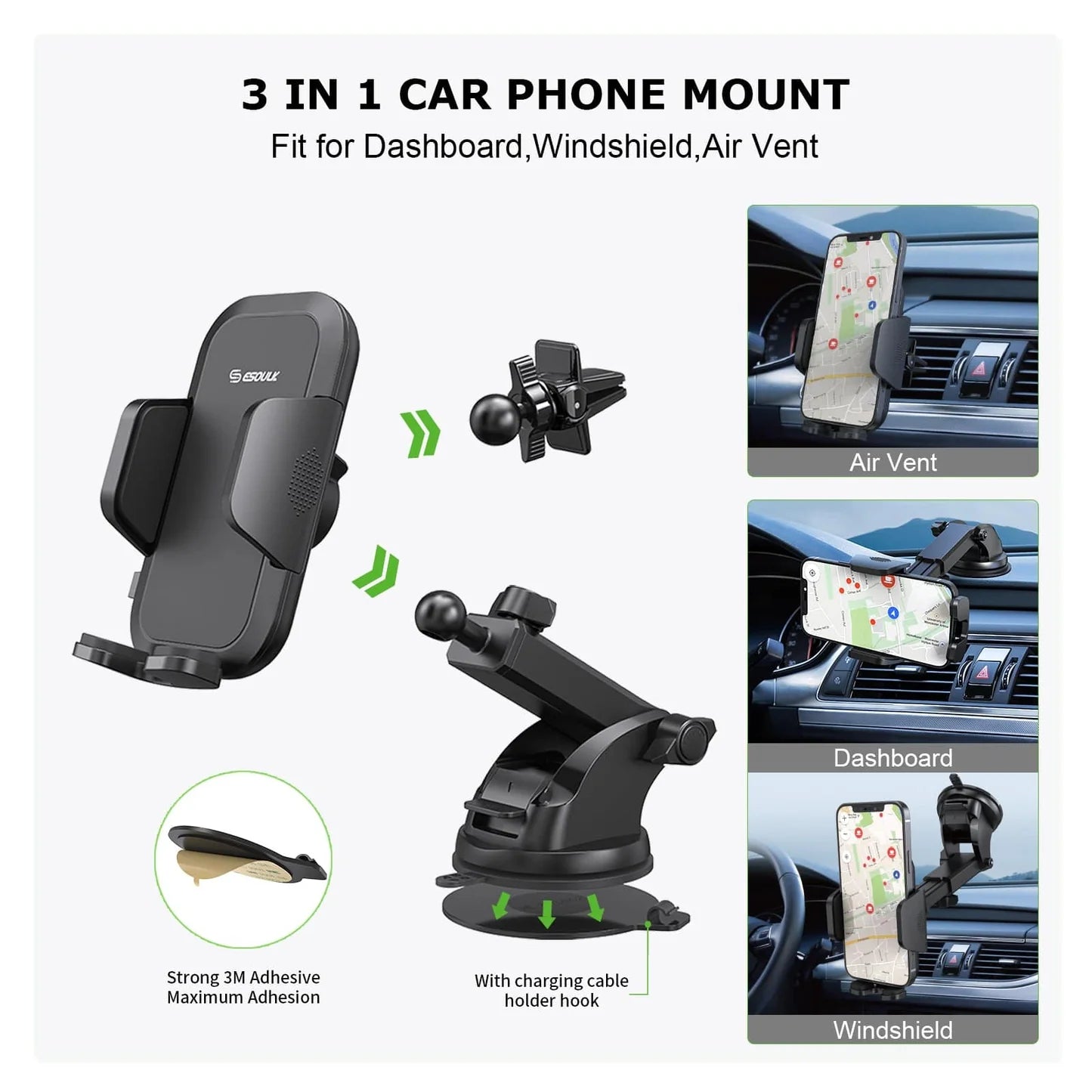 3 In 1 Car Phone Holder with Air Vent & Dashboard Functions