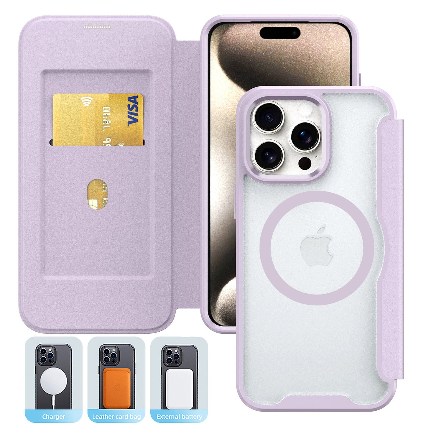 PU Leather Magnetic Flap Phone Case with Magsafe In Purple For iPhone 16 Pro Max