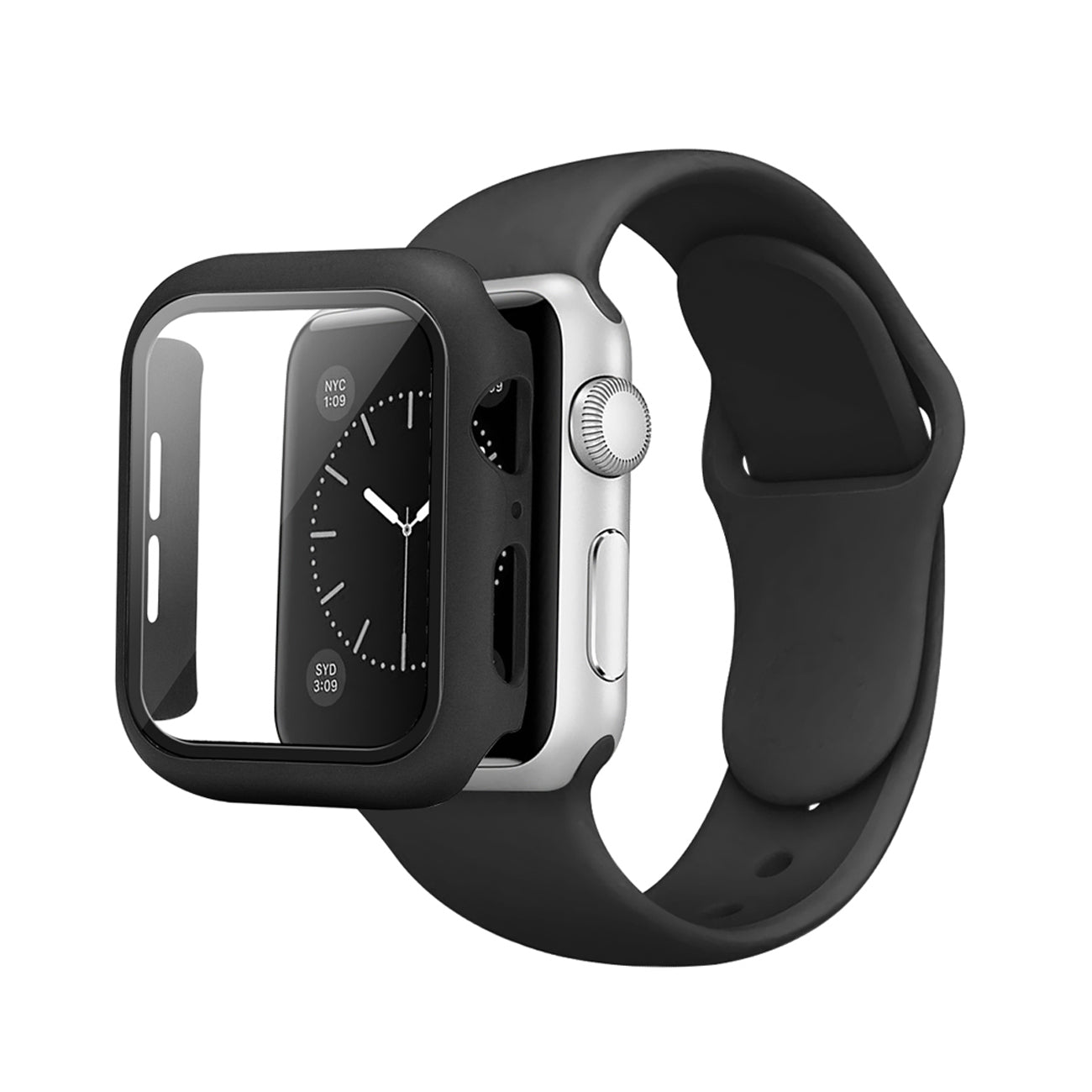 Black Color PC Watch Case With Glass Screen Protector and Silicone Watch Band for Apple Watch 44mm