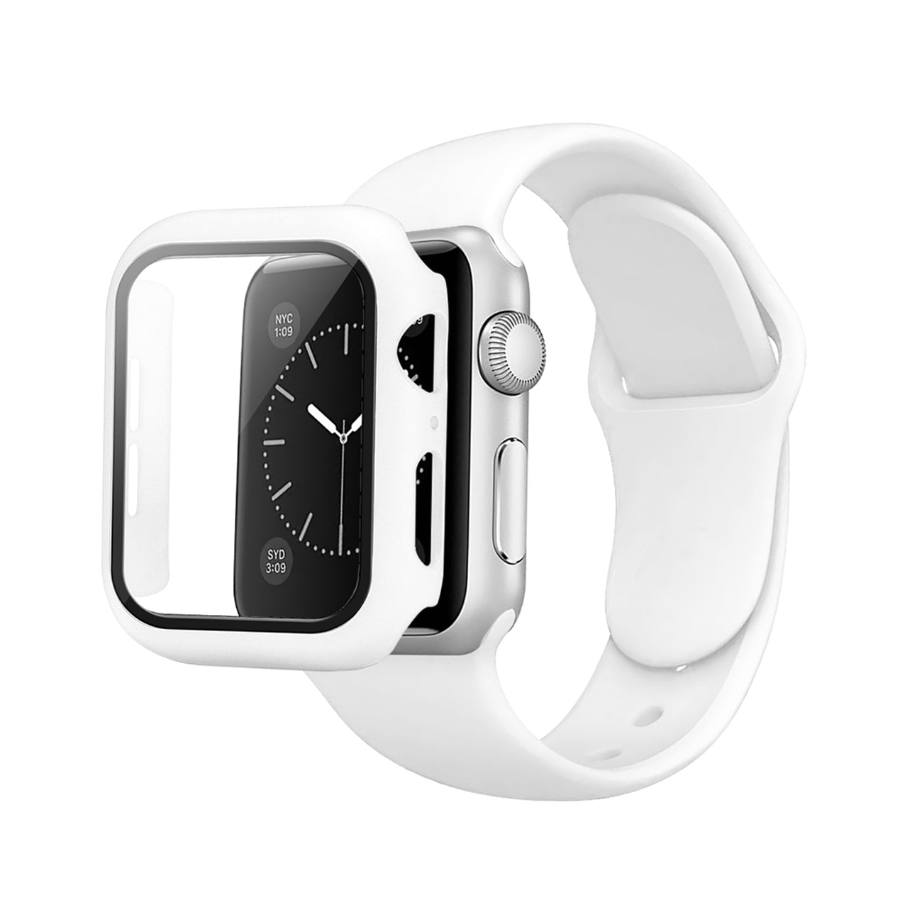 White Color PC Watch Case With Glass Screen Protector and Silicone Watch Band for Apple Watch 44mm