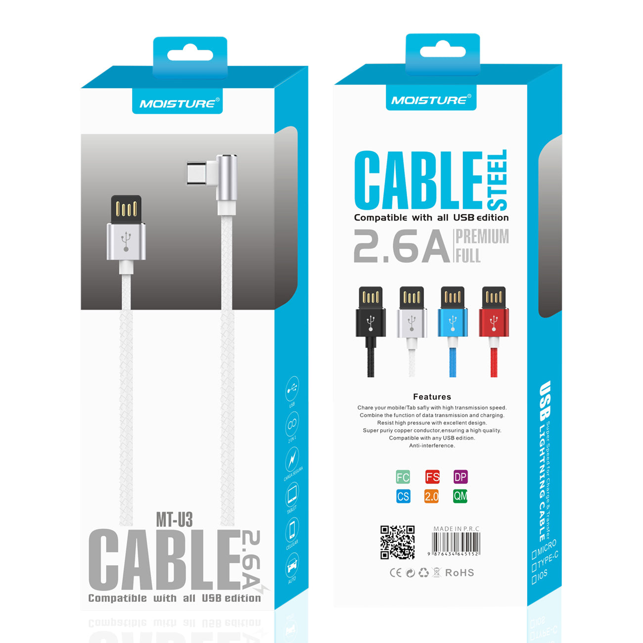 2.6A Premium Full Steel USB TO Type C Cable In White SKU#M2RFA-MTU3-TYPECWH
