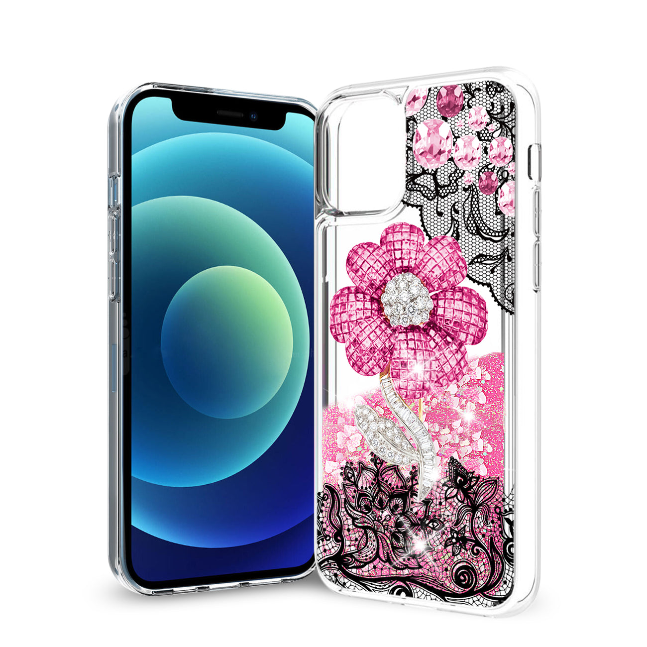 Reiko iPhone 12 Mini Glitter Case Moving Quicksand Pink Floral