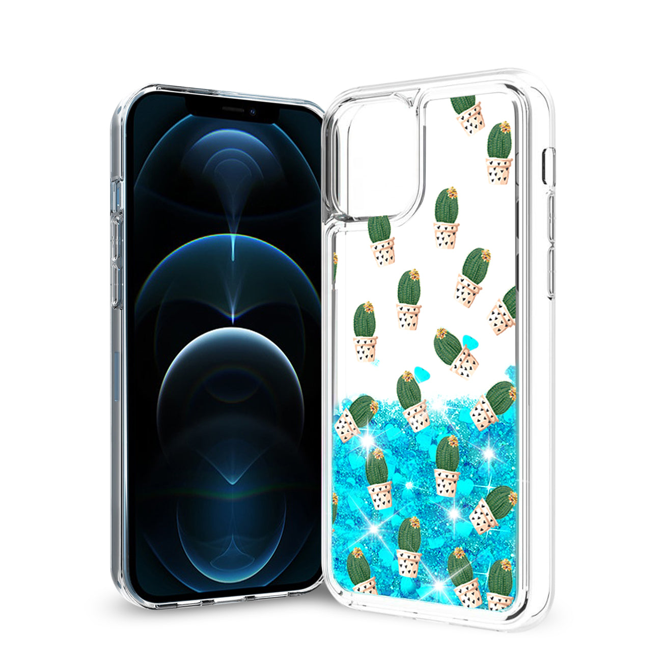 Reiko iPhone 12 / 12 Pro Glitter Case Moving Quicksand Blue Cactus