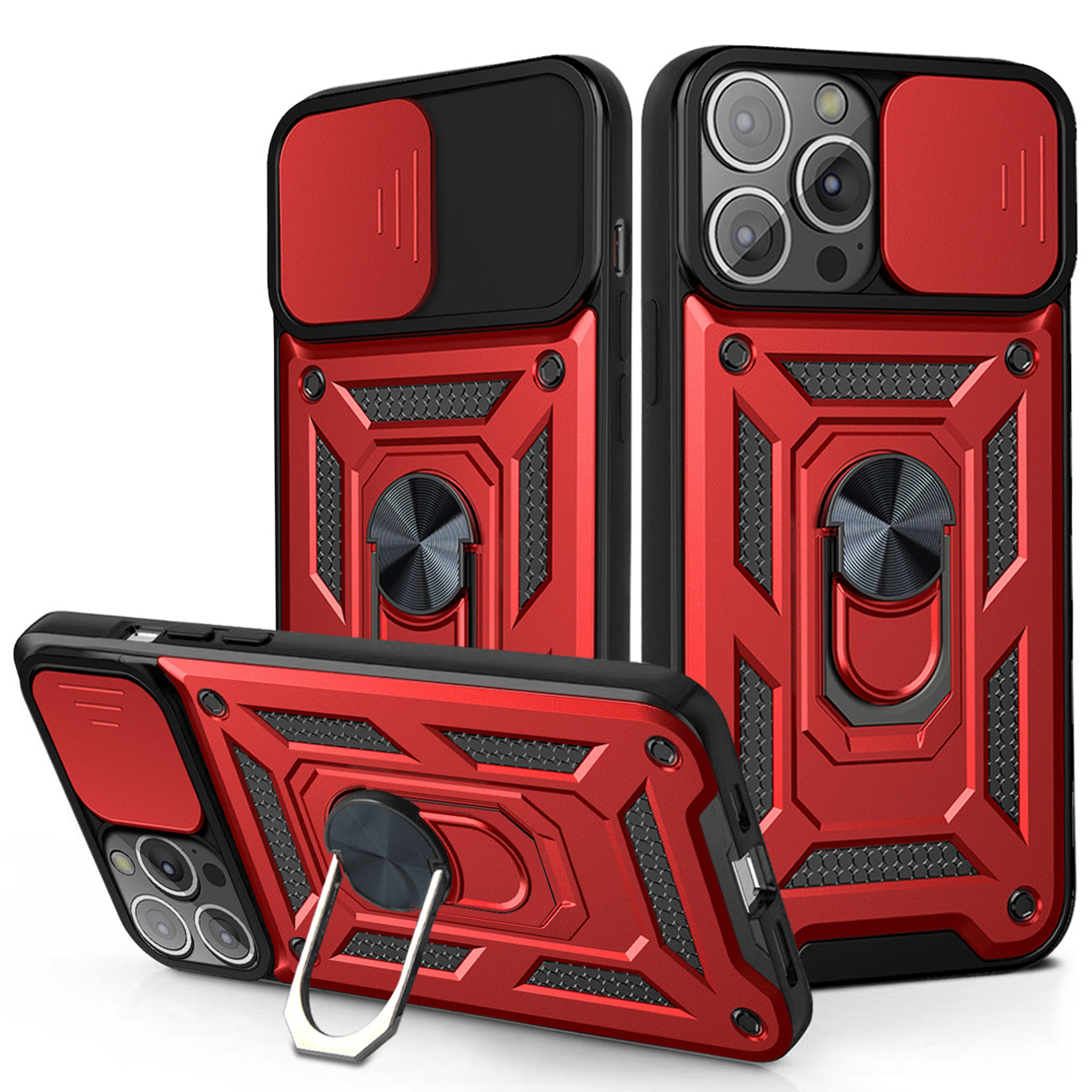 Kickstand Ring Holder with Slide Camera Cover TPU Magnetic Car Mount for APPLE IPHONE 13 PRO In Red