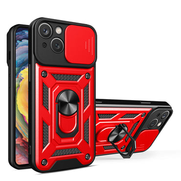Kickstand Ring Holder with Slide Camera Cover TPU Magnetic Car Mount for APPLE IPHONE 15 PRO In Red