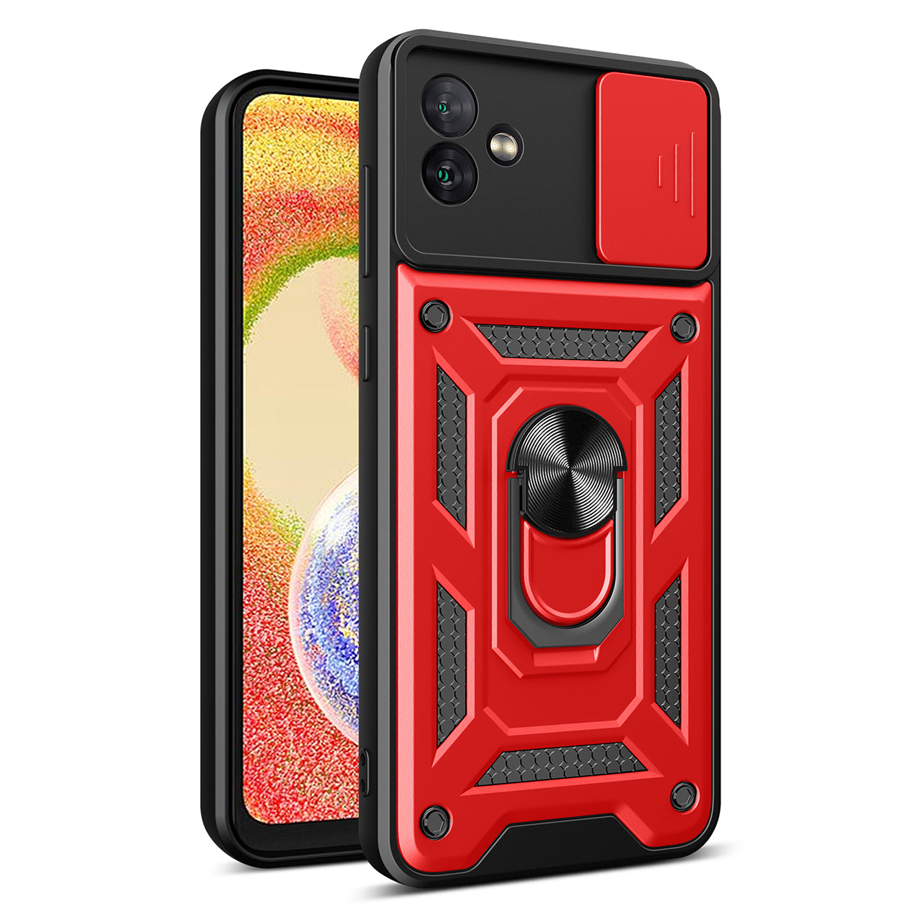 Kickstand Ring Holder with Slide Camera Cover TPU Magnetic Car Mount for GALAXY A04 In Red