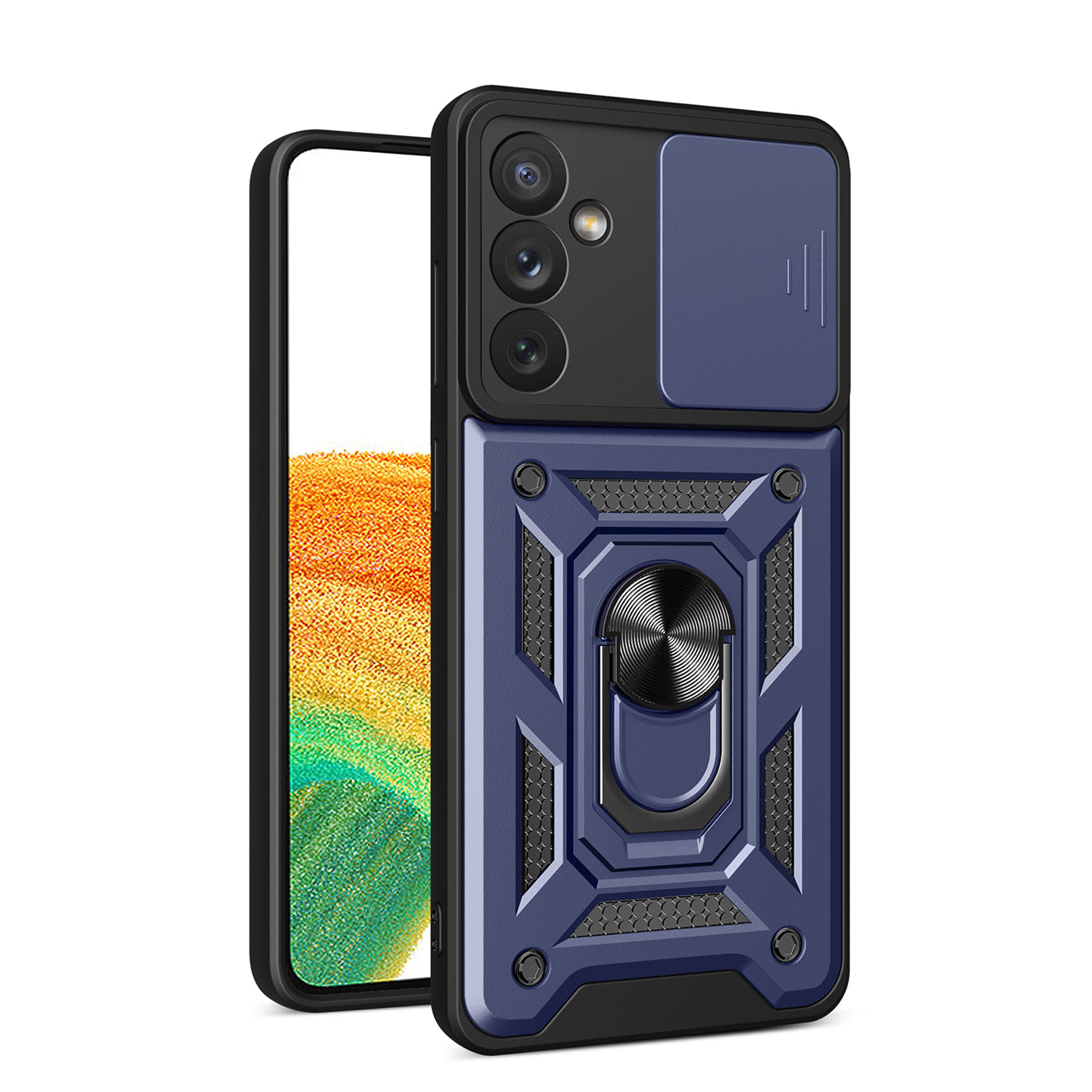 Kickstand Ring Holder with Slide Camera Cover TPU Magnetic Car Mount for GALAXY A34 5G In Blue