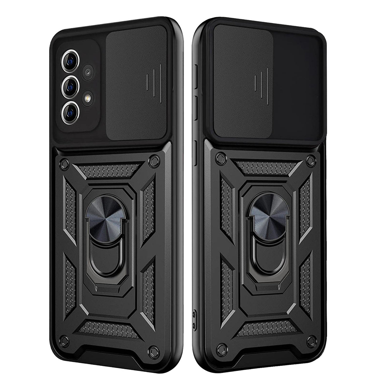 Kickstand Ring Holder with Slide Camera Cover TPU Shockproof Case and Magnetic Car Mount for SAMSUNG GALAXY A72 5G In Black