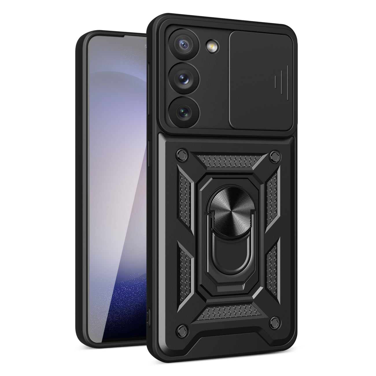 Kickstand Ring Holder with Slide Camera Cover TPU Magnetic Car Mount for GALAXY S23 In Black
