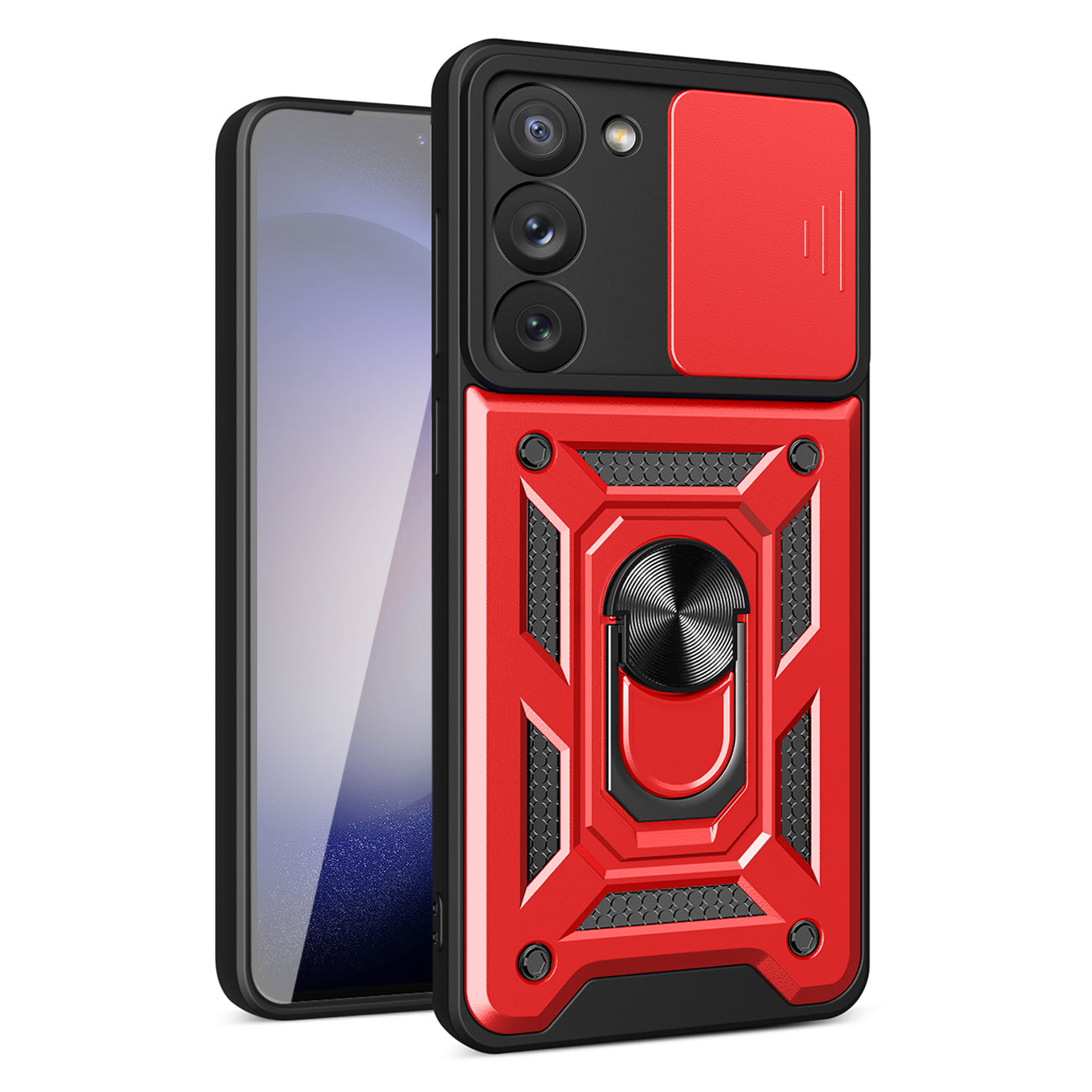 Kickstand Ring Holder with Slide Camera Cover TPU Magnetic Car Mount for GALAXY S23 PLUS In Red