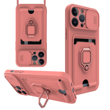 High Quality iPhone 13 Pro Case with Camera cover, Kickstand, Slide lens protection, Magnetic ring stand, Crossbody strap and Card holder In Pink