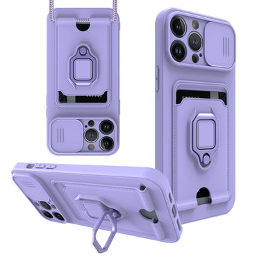 High Quality iPhone 13 Pro Case with Camera cover, Kickstand, Slide lens protection, Magnetic ring stand, Crossbody strap and Card holder In Purple