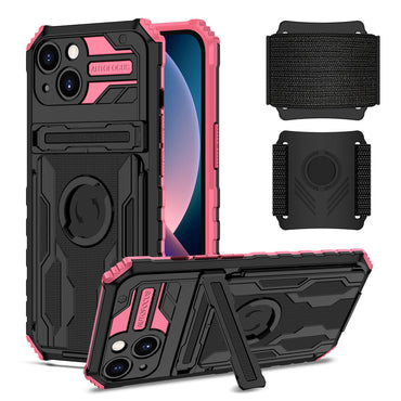 High Elastic Plastic iPhone 13 Case with Kickstand, Sports Mobile Wristband and Card Slot In Pink