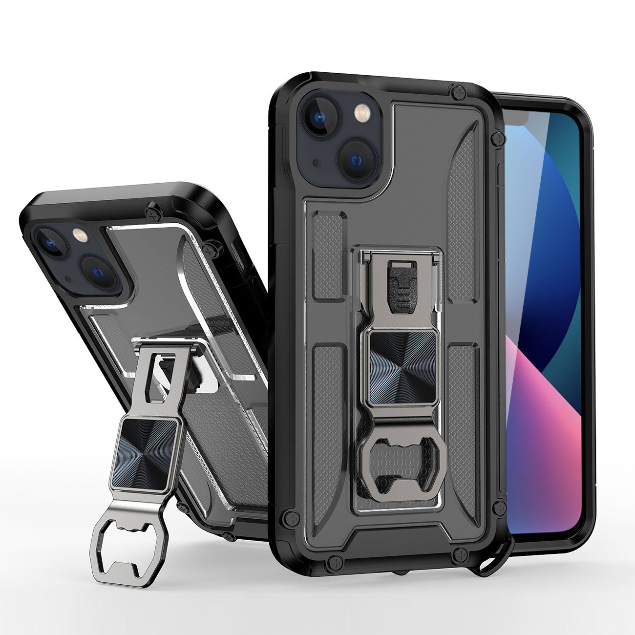 Kickstand Ring Holder/Bottle Opener Case with Magnetic Car Mount for APPLE IPHONE 13 In Black