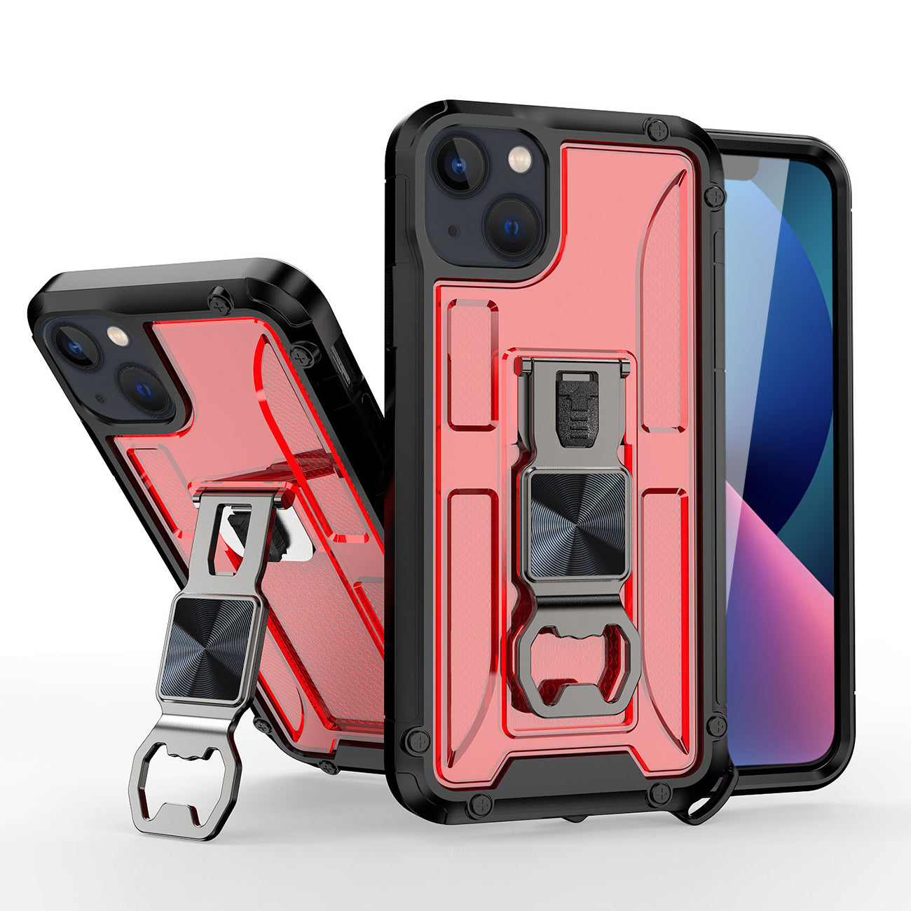 Kickstand Ring Holder/Bottle Opener with Magnetic Car Mount for APPLE IPHONE 13 In Red