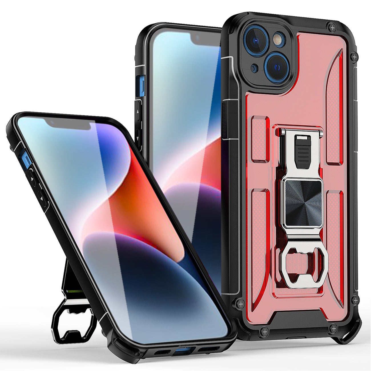 Kickstand Ring Holder/Bottle Opener with Magnetic Car Mount for IPHONE 14 PLUS In Red