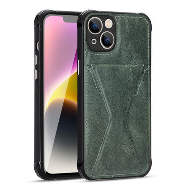 TPU Leather Phone Case for Apple iPhone 14 with Card Holder Strap In Green