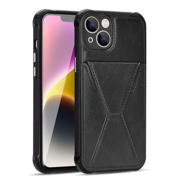 TPU Leather Phone Case for Apple iPhone 14 Plus with Card Holder Strap In Black