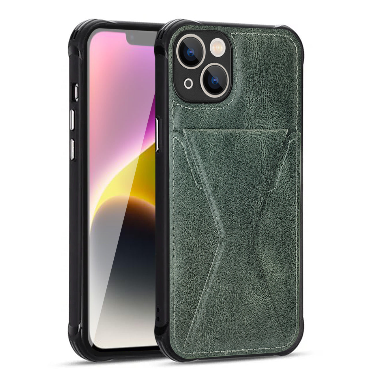 TPU Leather Phone Case for Apple iPhone 14 Plus with Card Holder Strap In Green