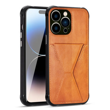 TPU Leather Phone Case for Apple iPhone 14 PRO with Card Holder Strap In Brown