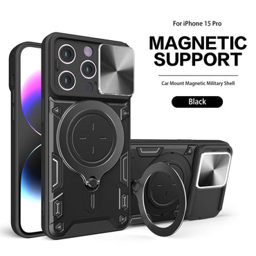 TPU PC Shockproof Magnetic Phone Case with Free Adjustment Ring Holder for IPHONE 15 PRO in Black