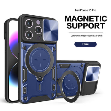 TPU PC Shockproof Magnetic Phone Case with Free Adjustment Ring Holder for IPHONE 15 PRO in Blue