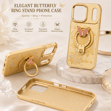 Glitter Sparkle Butterflies Ring Stand Bling Diamond Kickstand Shockproof Protective Cover in gold, compatible for IPHONE 17 PRO MAX