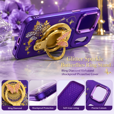 Glitter Sparkle Butterflies Ring Stand Bling Diamond Kickstand Shockproof Protective Cover in purple, compatible for IPHONE 17 PRO