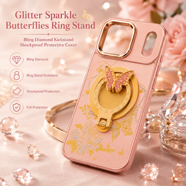 Glitter Sparkle Butterflies Ring Stand Bling Diamond Kickstand Shockproof Protective Cover in rose gold , compatible for IPHONE 17 PRO
