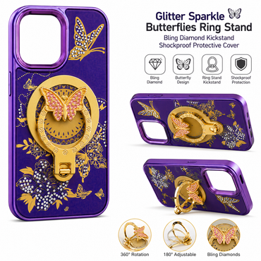Glitter Sparkle Butterflies Ring Stand Bling Diamond Kickstand Shockproof Protective Cover in purple, compatible for IPHONE 17