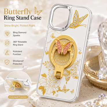 Glitter Sparkle Butterflies Ring Stand Bling Diamond Kickstand Shockproof Protective Cover in silver, compatible for IPHONE 17