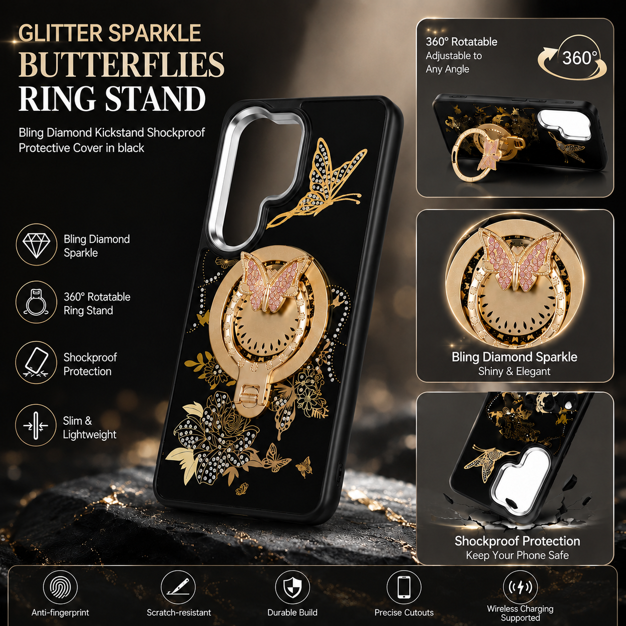 Glitter Sparkle Butterflies Ring Stand Bling Diamond Kickstand Shockproof Protective Cover in pink, compatible for SAMSUNG A37 5G