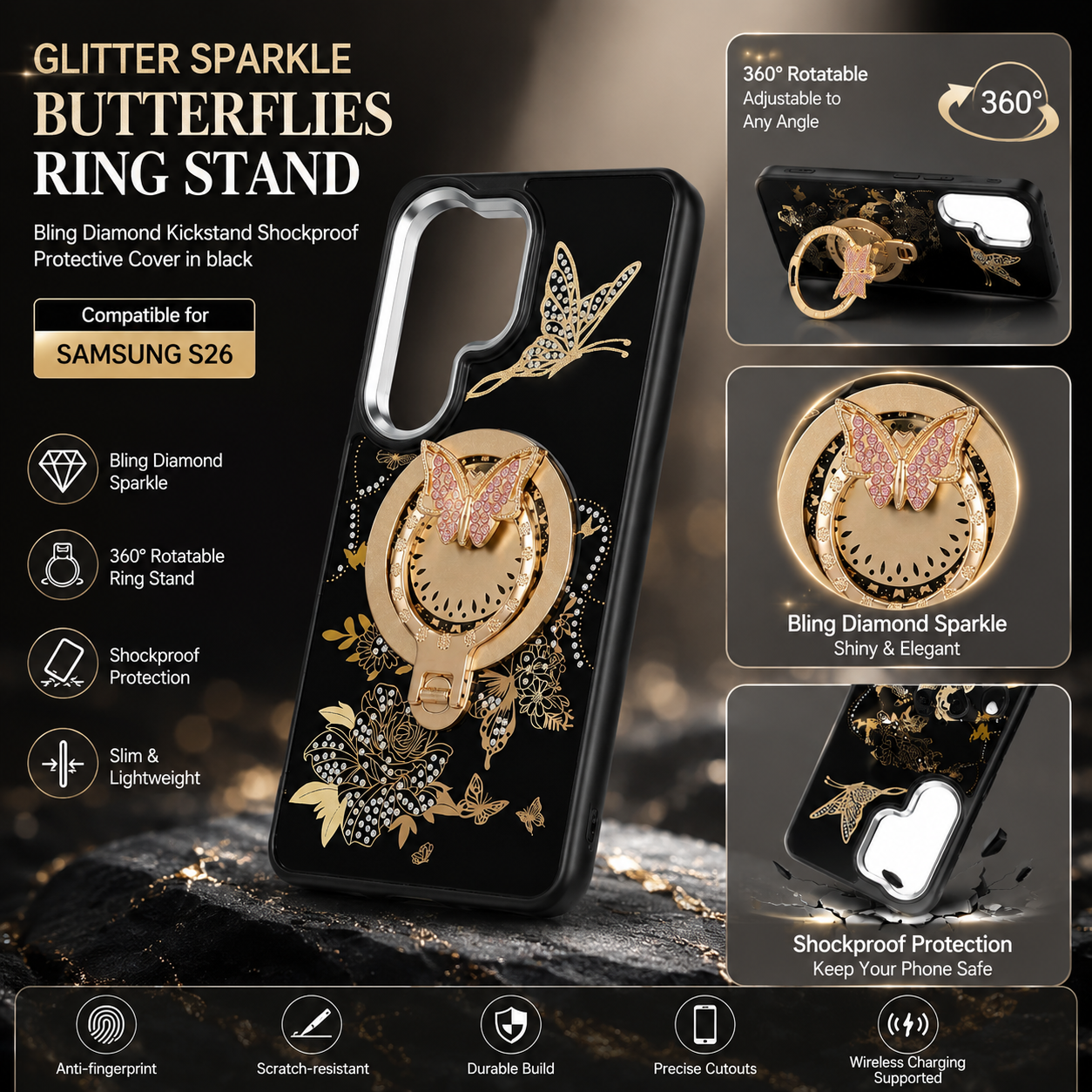 Glitter Sparkle Butterflies Ring Stand Bling Diamond Kickstand Shockproof Protective Cover in purple, compatible for SAMSUNG S26