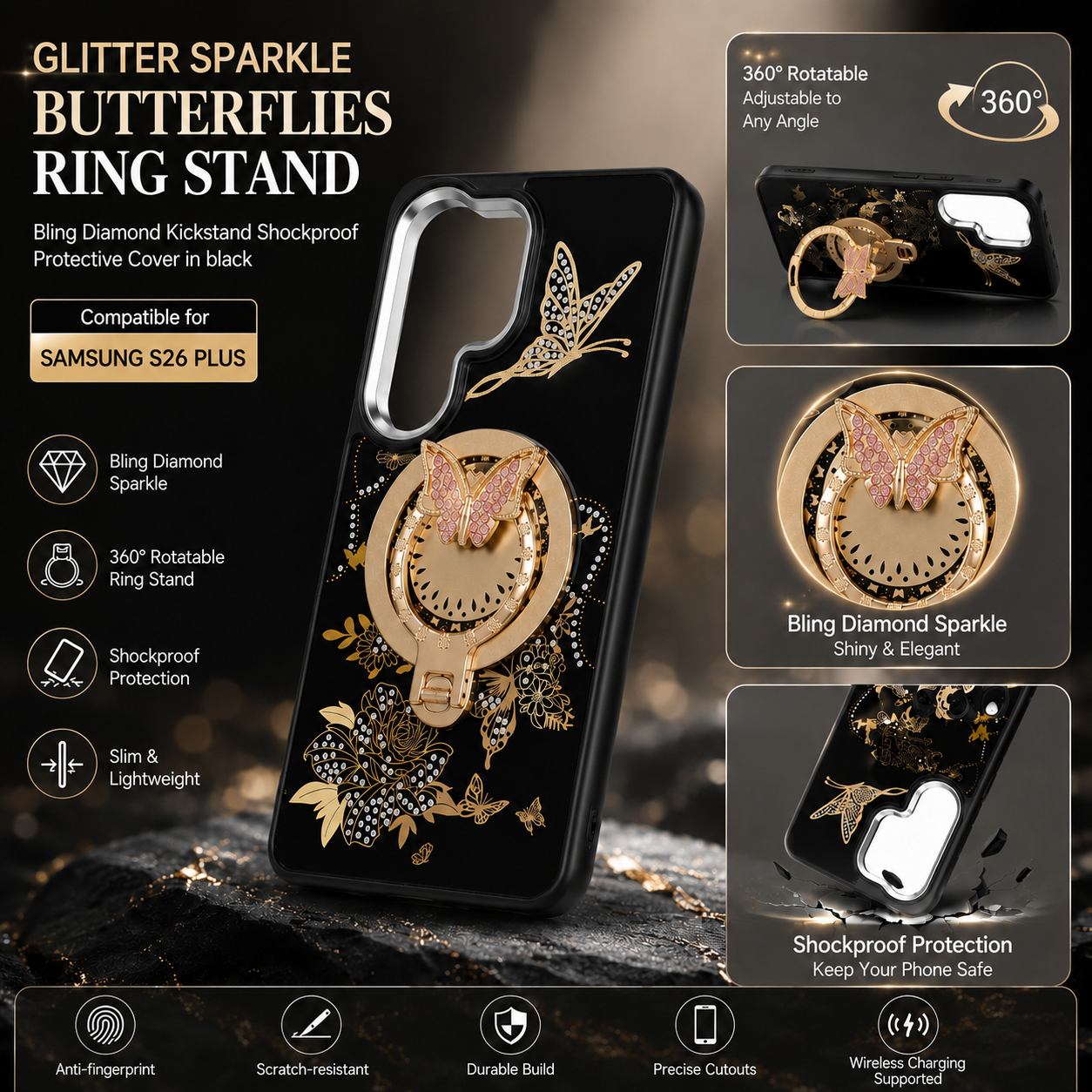 Glitter Sparkle Butterflies Ring Stand Bling Diamond Kickstand Shockproof Protective Cover in Gold, compatible for SAMSUNG S26 PLUS