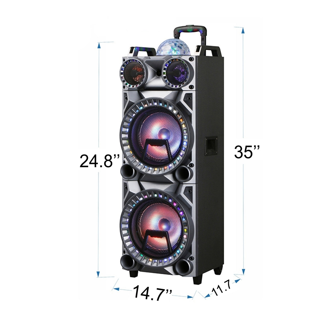 Dual 10" Rechargeable Speaker System with Wheels, LED Lights, Wireless Mic and Remote