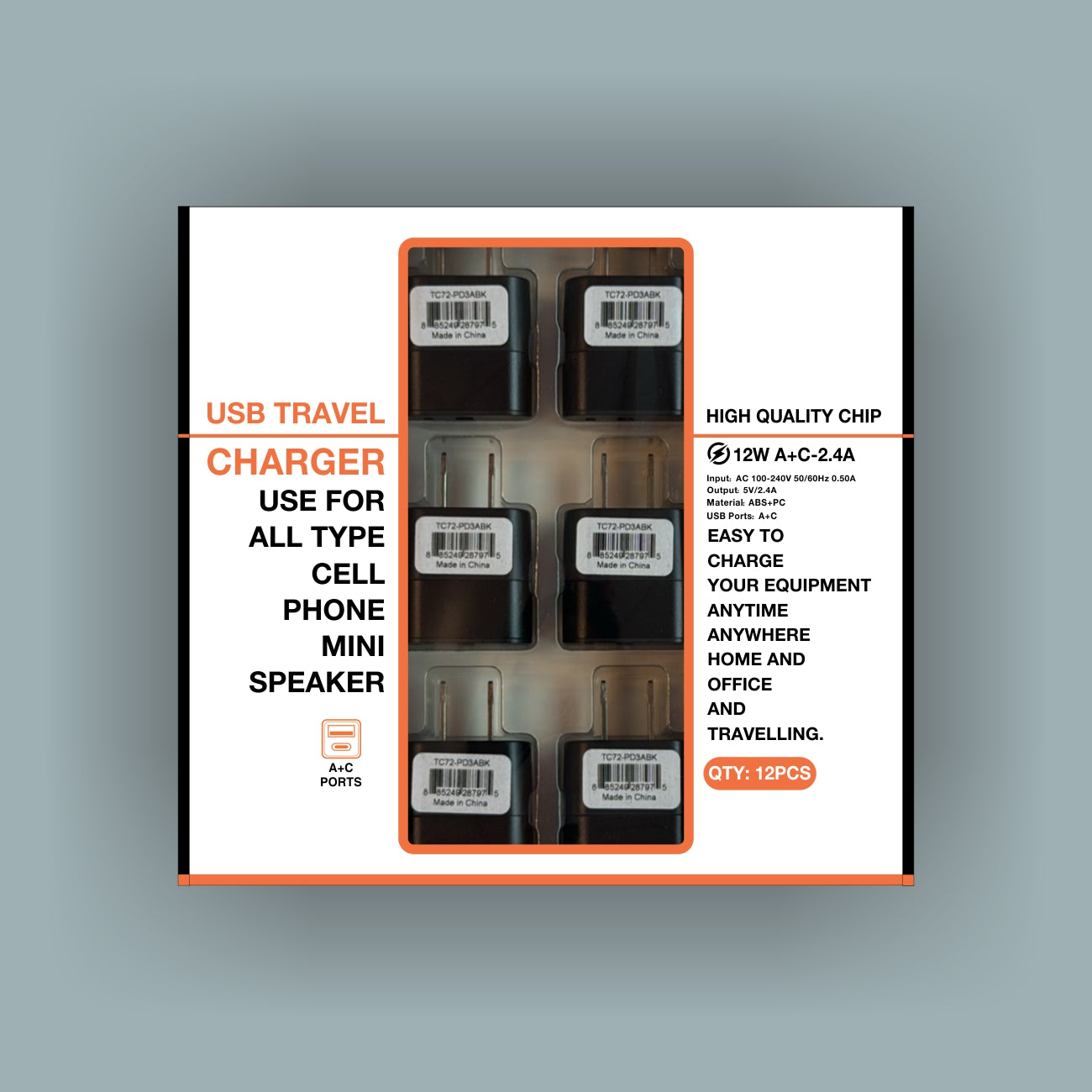 Power Delivery Dual Ports of USB and Type-C Wall Charger/ Power Adapter/ Charging Block In Black (12pcs) SKU:TC72-PD3ABK