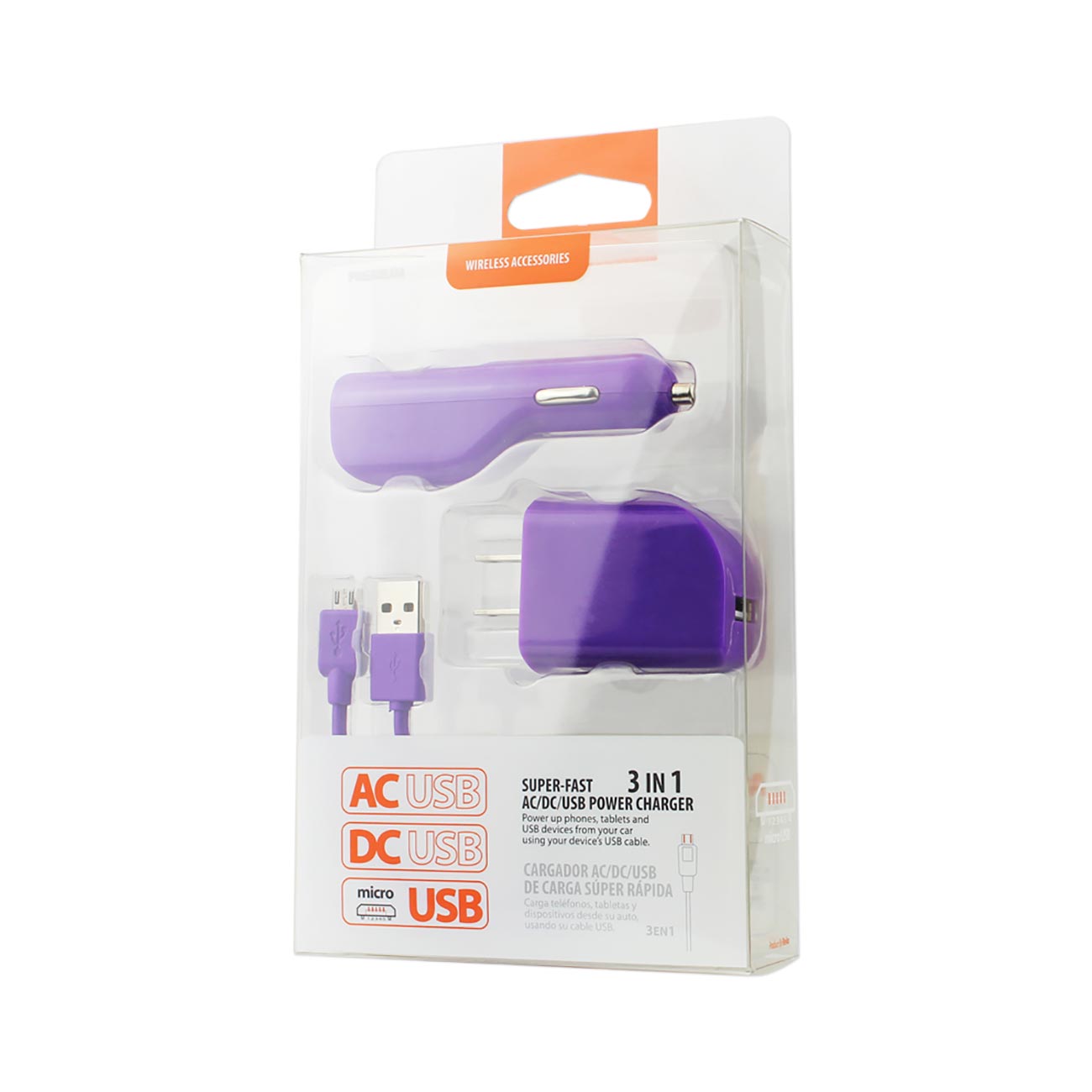REIKO MICRO 1 AMP 3-IN-1 CAR CHARGER WALL ADAPTER WITH USB CABLE IN PURPLE