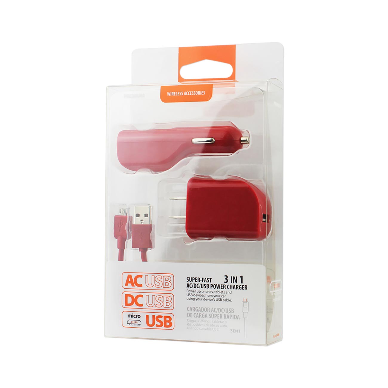 REIKO MICRO 1 AMP 3-IN-1 CAR CHARGER WALL ADAPTER WITH USB CABLE IN RED