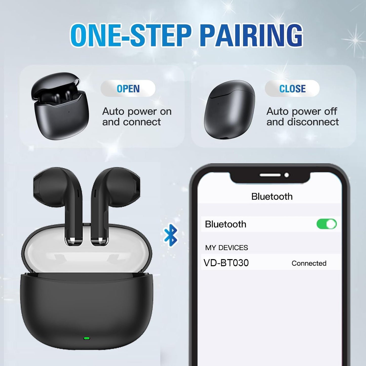 Wireless Headset Bluetooth 5.0 Headphones Stereo Twin Earbuds BT-VDBT030 In black SKU: BT-030BK