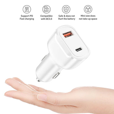 36W PD Dual Ports Travel Car Charger Adapter Fast Charging with USB-C To 8 Pin Cable SKU:CC2IN1-PD8PWH