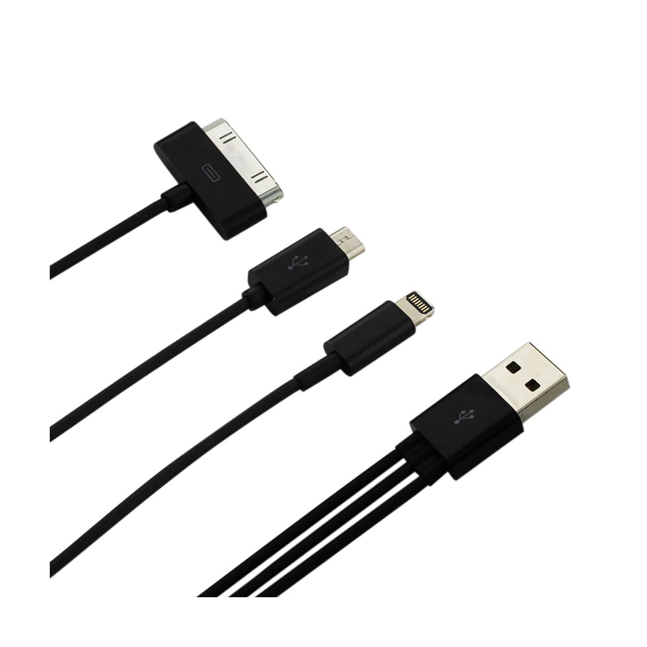 REIKO 8 PIN AND MICRO USB TRIO 3-IN-1 USB DATA CABLE 0.58FT IN BLACK