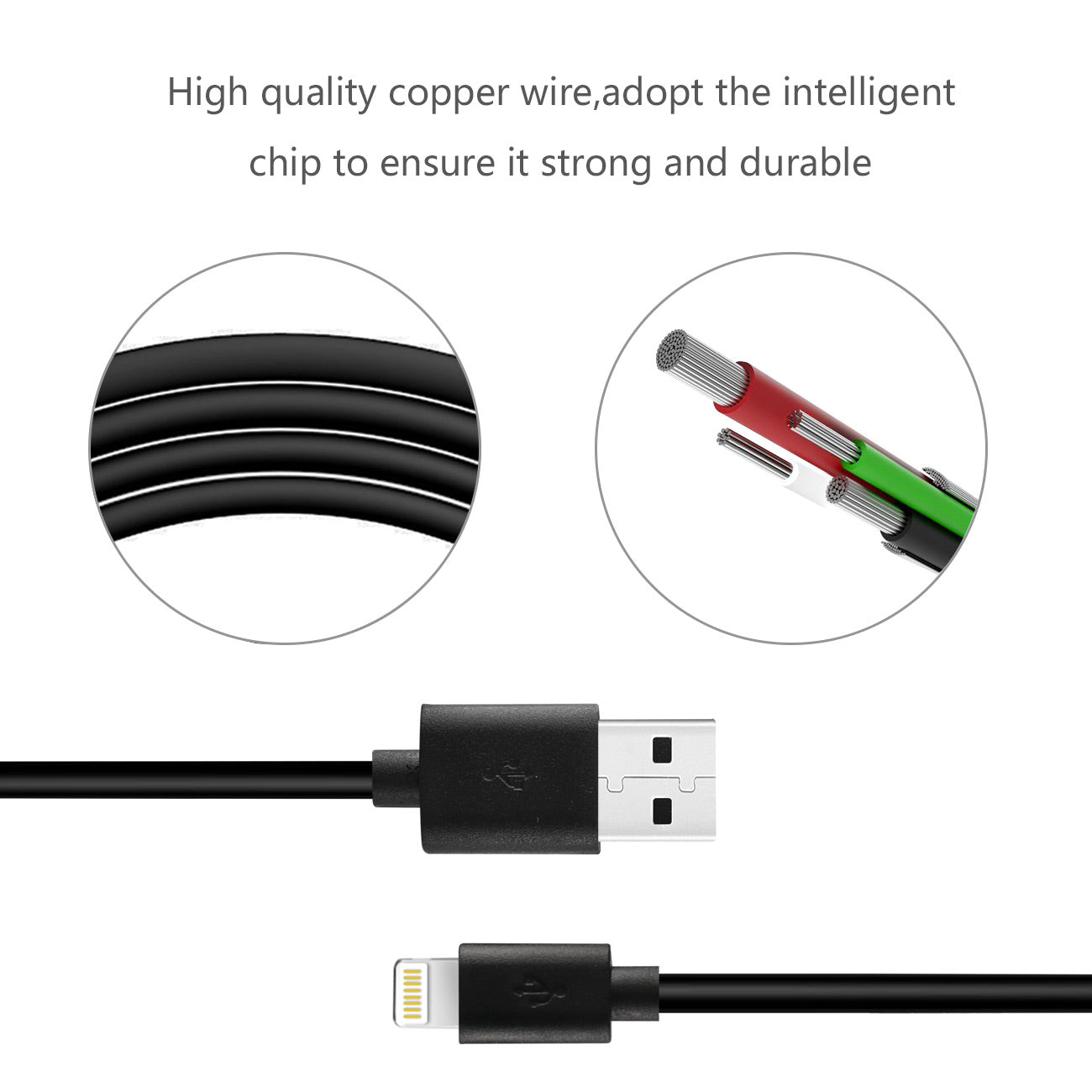 Reiko 3.3FT PVC Material 8 PIN USB 2.0 Data Cable In Black And Simple Packaging