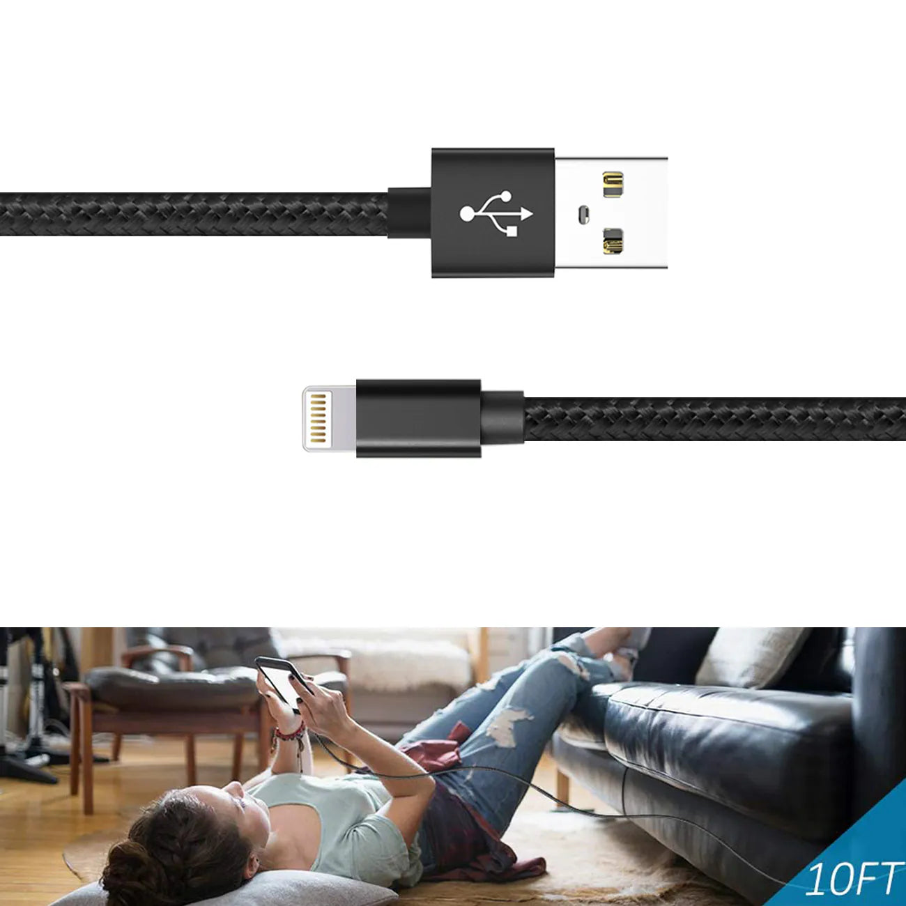 10FT USB Cable For IOS In Black