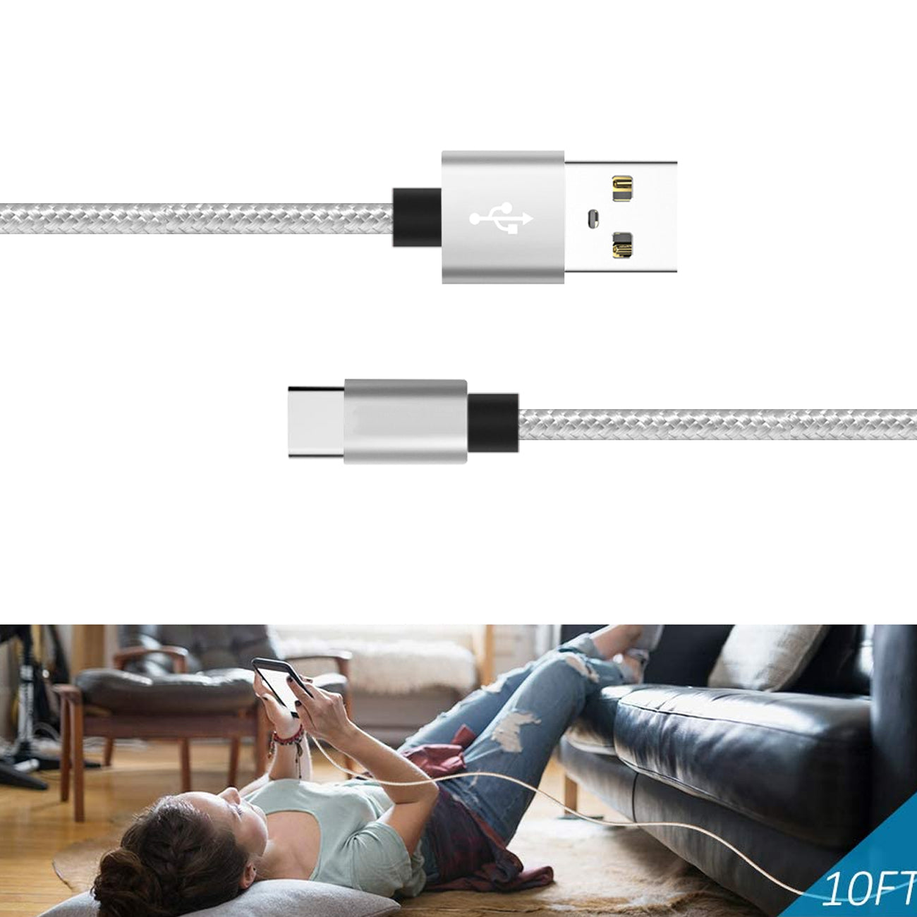 10FT USB Cable For TYPE-C In Silver