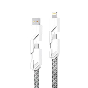 4-in-1 Fast Charging Braided 5FT Cable 65W with Multi Charge Cable 8-PIN /Type C/USB A Port in White