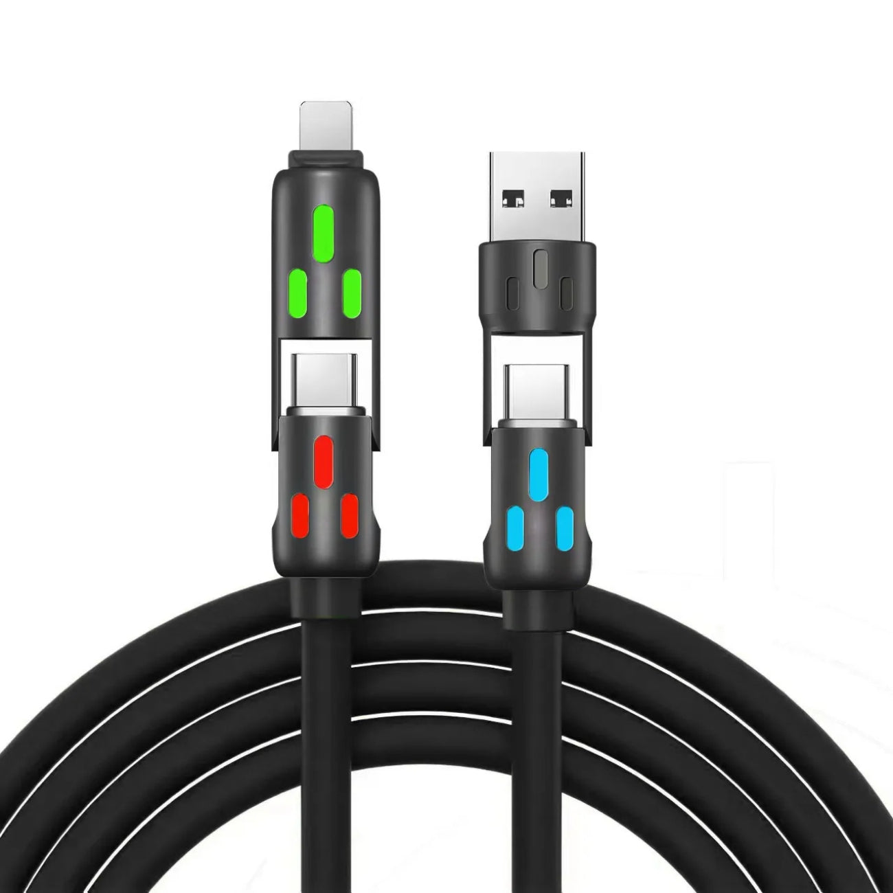 4-in-1 3FT Silicone cable with Breathing Light, Multi Charge Cable 8-PIN /Type C/USB A Port in Black