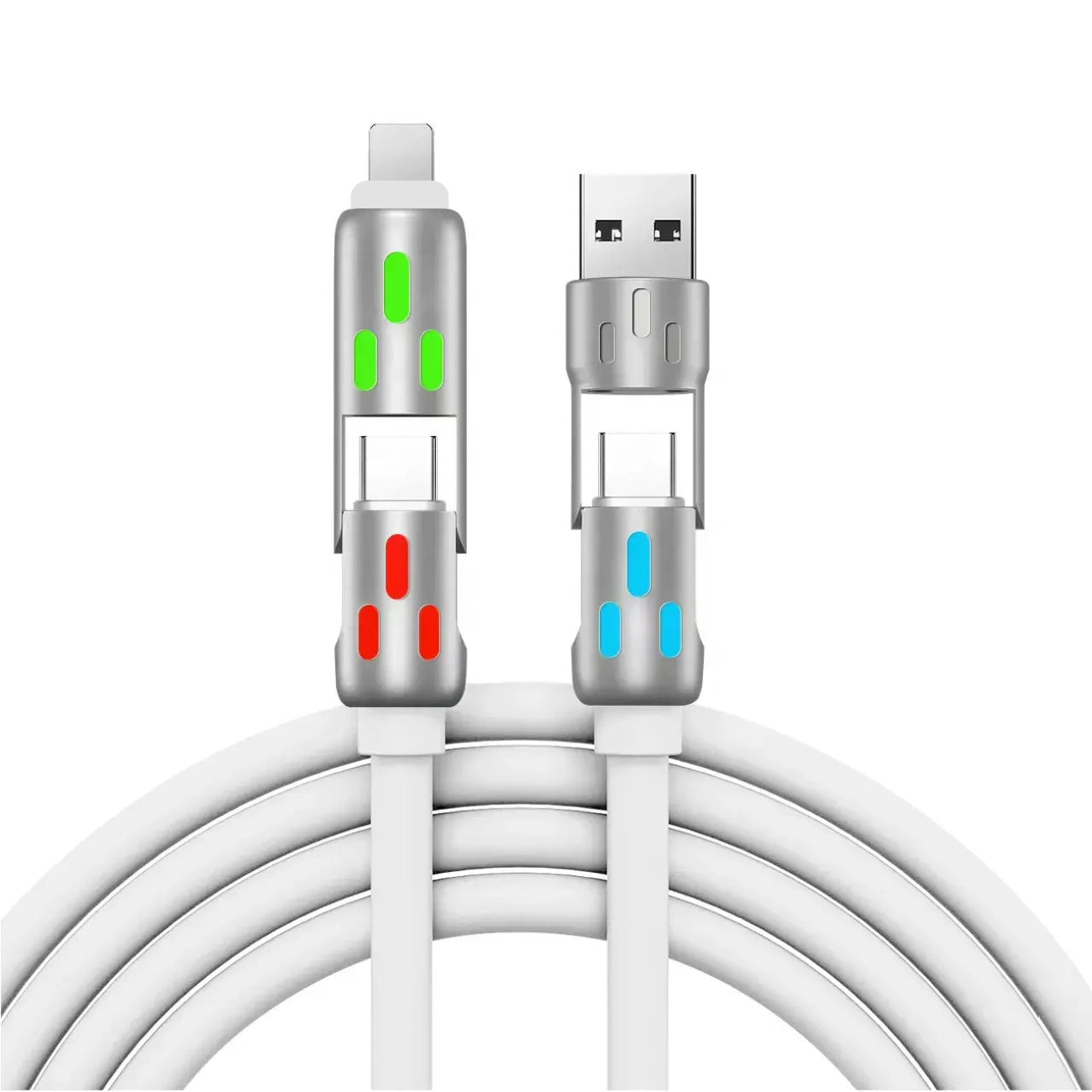 4-in-1 3FT Silicone cable with Breathing Light, Multi Charge Cable 8-PIN /Type C/USB A Port in White